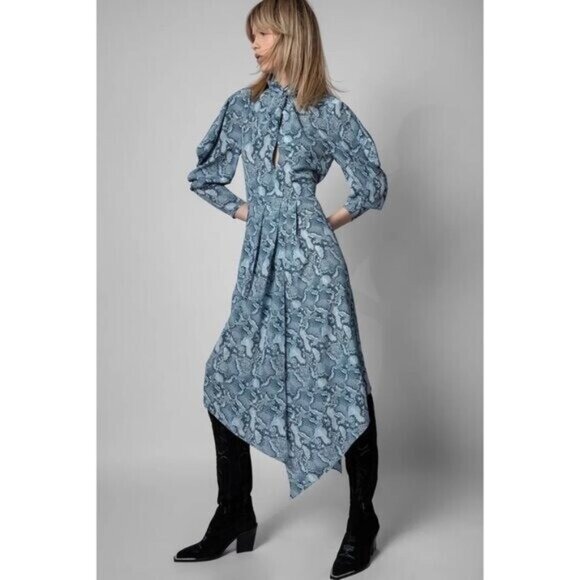 Zadig & Voltaire Roy Asymmetric Snake Print Silk Dress in Bleu - Picture 3 of 12